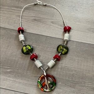Artisan Red Coral and Green Glass Peace Pendant Necklace